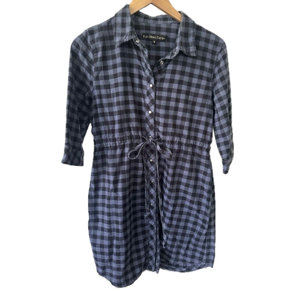Paris Blues Denim Women's Gingham Button Down Drawstring Waist Shirt Dress M